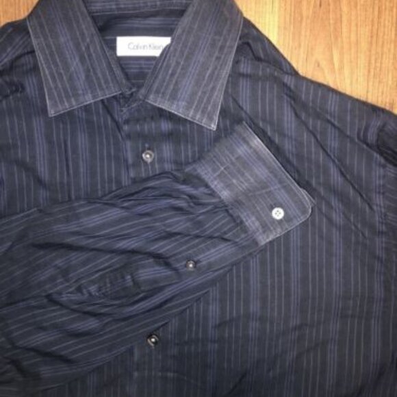 Calvin Klein Mens Large Button Up Shirt Blue Stripe Long Sleeve Dress Shirt - Picture 1 of 9